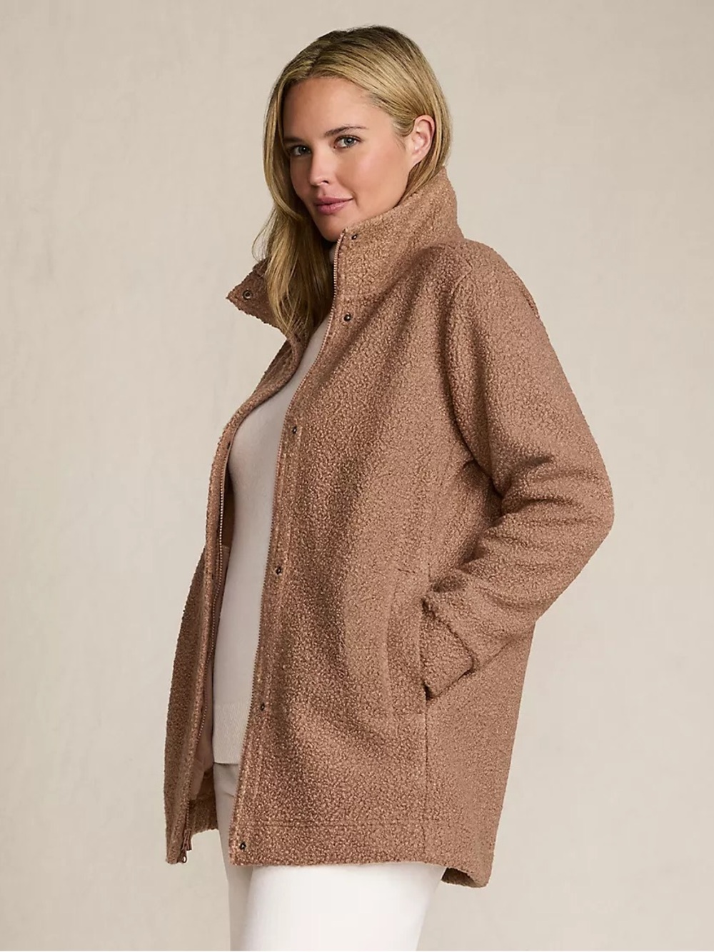 Lands’ End Boucle Fleece Jacket - Honey Beige Medium Tall